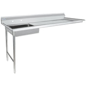 A stainless steel commercial sink with a long drainboard on the right and a sleek stainless steel worktop. The rectangular sink features a backsplash, sturdy metal legs on the left, and an undercounter solid panel on the right. The surface is clean and reflective.