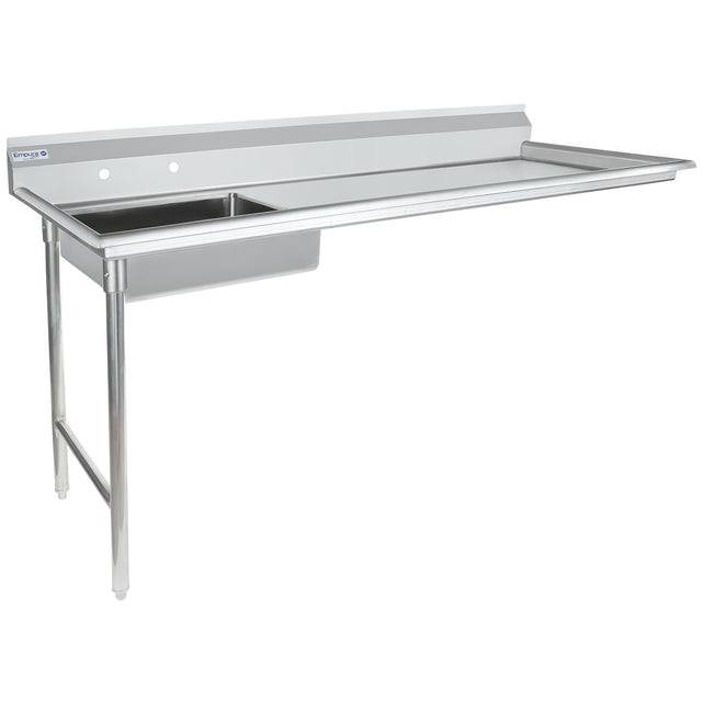 A stainless steel commercial sink with a long drainboard on the right and a sleek stainless steel worktop. The rectangular sink features a backsplash, sturdy metal legs on the left, and an undercounter solid panel on the right. The surface is clean and reflective.