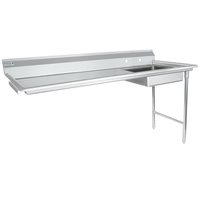 A stainless steel commercial sink unit with a backsplash, integrated sink basin on the right side, and an extended draining board on the left. This soiled dishtable has sturdy metal legs supporting the right side while the left attaches to the wall.