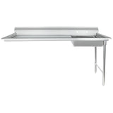 A stainless steel worktop commercial sink table with a backsplash, raised edges, and an undershelf. The rectangular work surface features a single basin sink on the right and two metal legs for support, resembling a soiled dishtable design.