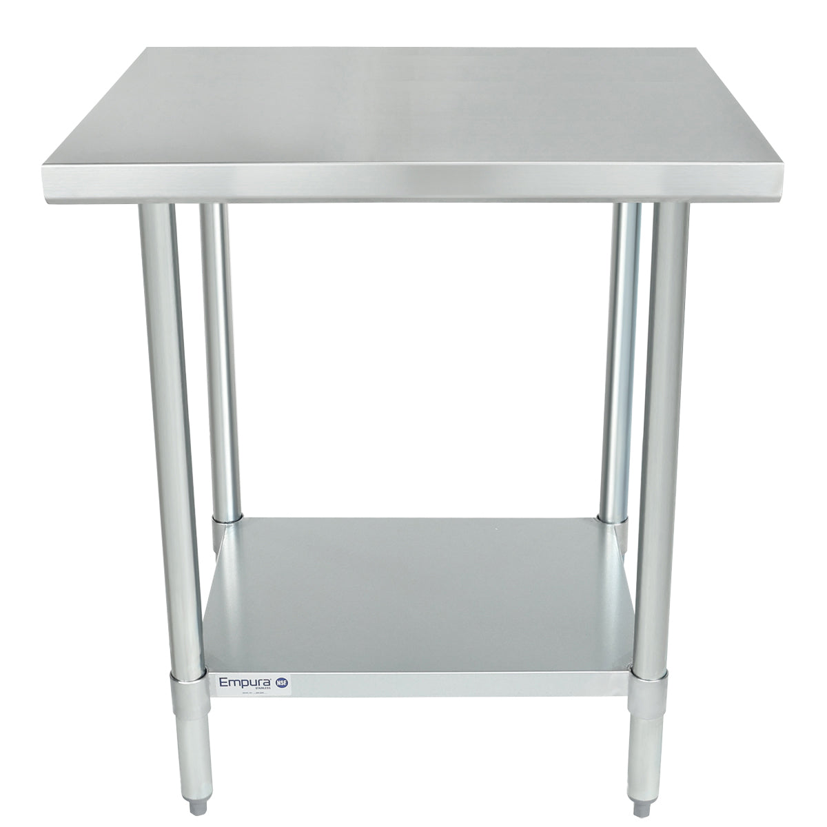 A stainless steel work table with four cylindrical legs and an undershelf. The NSF work table features a flat, smooth-edged tabletop and extra storage below. Plain and industrial, it suits kitchens or workspaces. The Empura brand is visible.