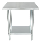 A stainless steel work table with four cylindrical legs and an undershelf. The NSF work table features a flat, smooth-edged tabletop and extra storage below. Plain and industrial, it suits kitchens or workspaces. The Empura brand is visible.