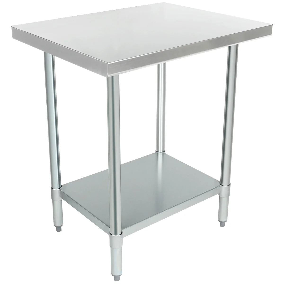A stainless steel NSF work table with four cylindrical legs, a flat rectangular top, and an additional lower shelf. Its clean lines and smooth, reflective surface make it perfect for kitchens or industrial use.