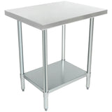 A stainless steel NSF work table with four cylindrical legs, a flat rectangular top, and an additional lower shelf. Its clean lines and smooth, reflective surface make it perfect for kitchens or industrial use.