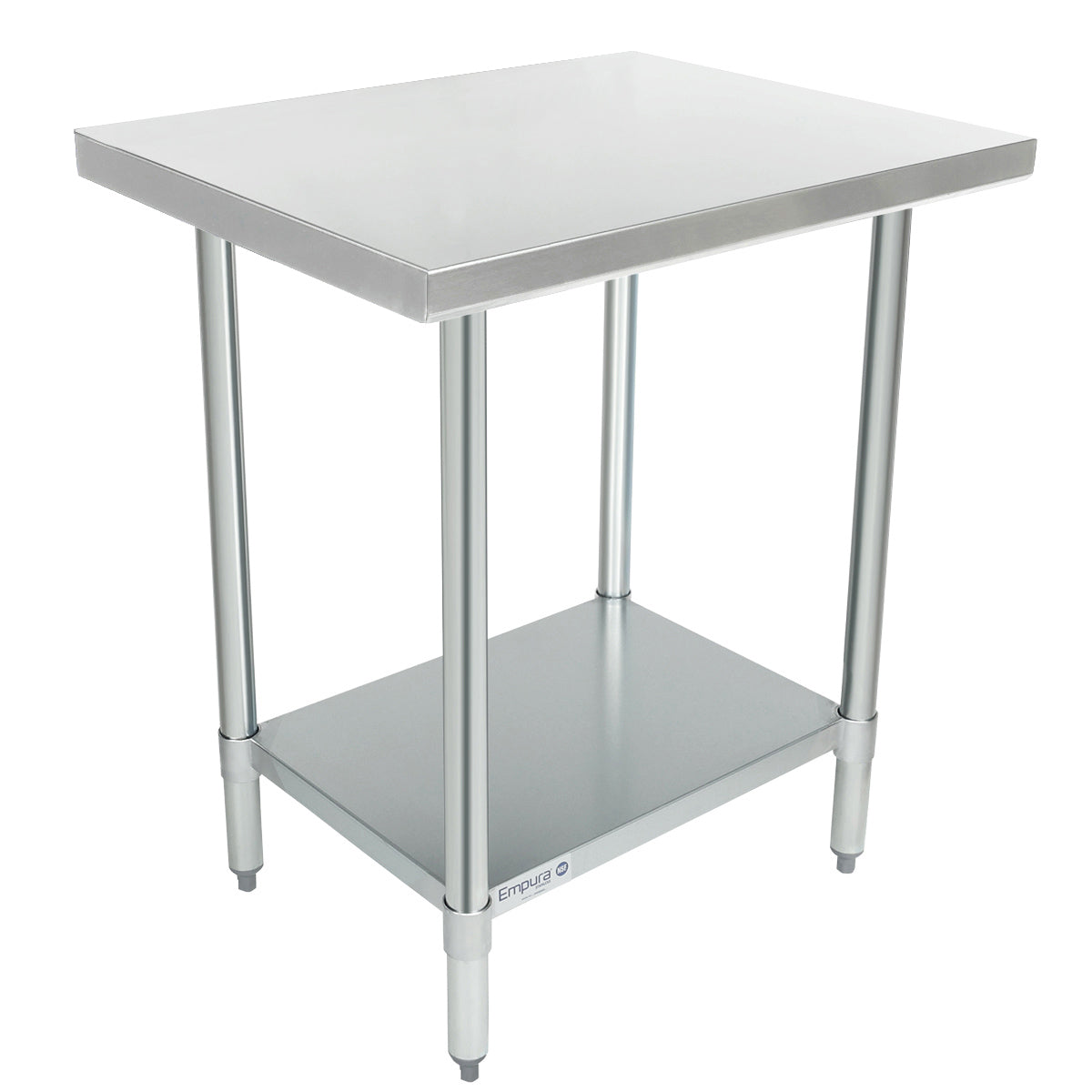 A stainless steel work table with four cylindrical legs, a smooth rectangular tabletop, and a lower solid shelf. This NSF work table has an industrial look, ideal for kitchens or workspaces, and features adjustable feet for stability.