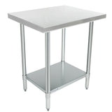 A stainless steel work table with four cylindrical legs, a smooth rectangular tabletop, and a lower solid shelf. This NSF work table has an industrial look, ideal for kitchens or workspaces, and features adjustable feet for stability.