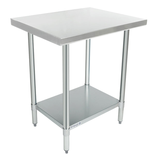 A stainless steel work table with four cylindrical legs, a smooth rectangular tabletop, and a lower solid shelf. This NSF work table has an industrial look, ideal for kitchens or workspaces, and features adjustable feet for stability.