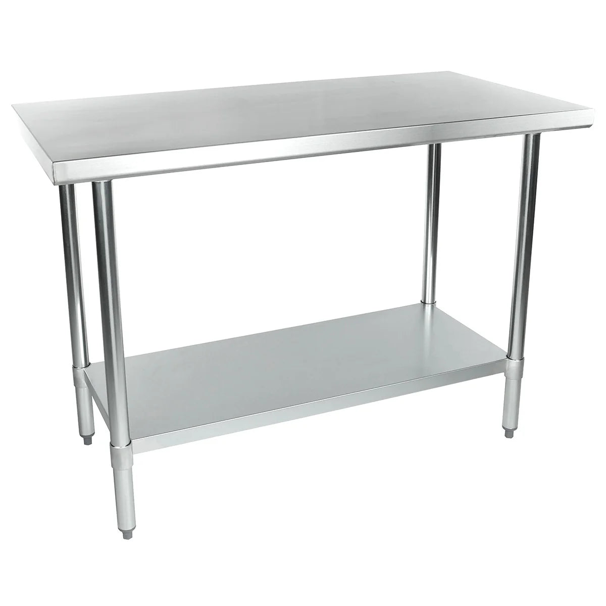 A 48 inch stainless steel work table with four cylindrical legs and an undershelf. The flat, smooth tabletop and adjustable feet offer a simple, industrial design perfect for commercial or home kitchens.