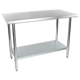 A 48 inch stainless steel work table with four cylindrical legs and an undershelf. The flat, smooth tabletop and adjustable feet offer a simple, industrial design perfect for commercial or home kitchens.