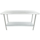 A stainless steel work table with four cylindrical legs and an undershelf. NSF certified, it features a smooth, flat top and a lower shelf for added storage. Its simple, utilitarian design is ideal for kitchens or industrial use.