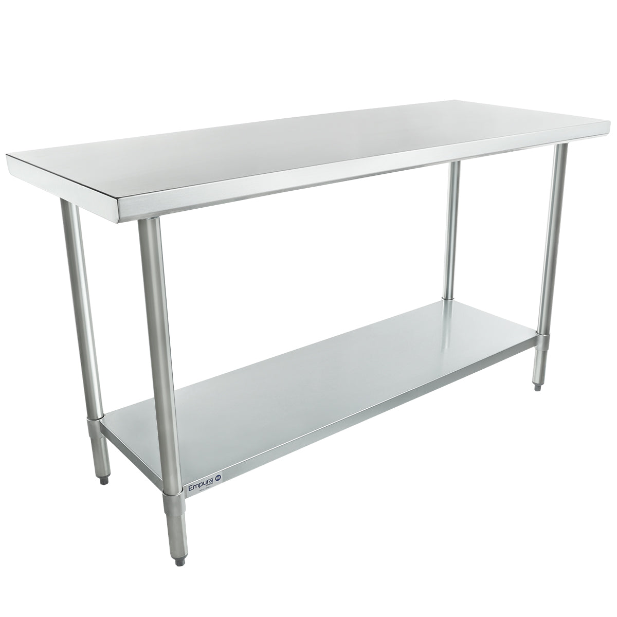 This NSF stainless steel work table features a smooth, rectangular top, an undershelf for extra storage, and adjustable round feet. Its clean, modern design makes it ideal for kitchens or industrial use.