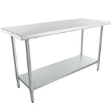 This NSF stainless steel work table features a smooth, rectangular top, an undershelf for extra storage, and adjustable round feet. Its clean, modern design makes it ideal for kitchens or industrial use.