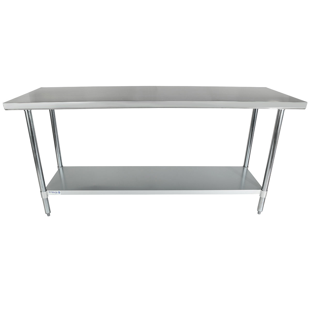 An NSF stainless steel work table featuring a flat top, four cylindrical legs, and a lower storage shelf. Built for durability and easy cleaning, its ideal for commercial kitchens or industrial settings.