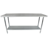 An NSF stainless steel work table featuring a flat top, four cylindrical legs, and a lower storage shelf. Built for durability and easy cleaning, its ideal for commercial kitchens or industrial settings.