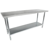 This NSF stainless steel work table features four cylindrical legs and an under-shelf for storage. Its flat, smooth surface and parallel under-shelf offer extra space, combining a simple, industrial design with practical functionality.