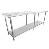 A large NSF stainless steel work table with a smooth top, four sturdy legs, and a full-length undershelf for extra storage. The simple, functional design is ideal for commercial kitchens or busy workspaces.