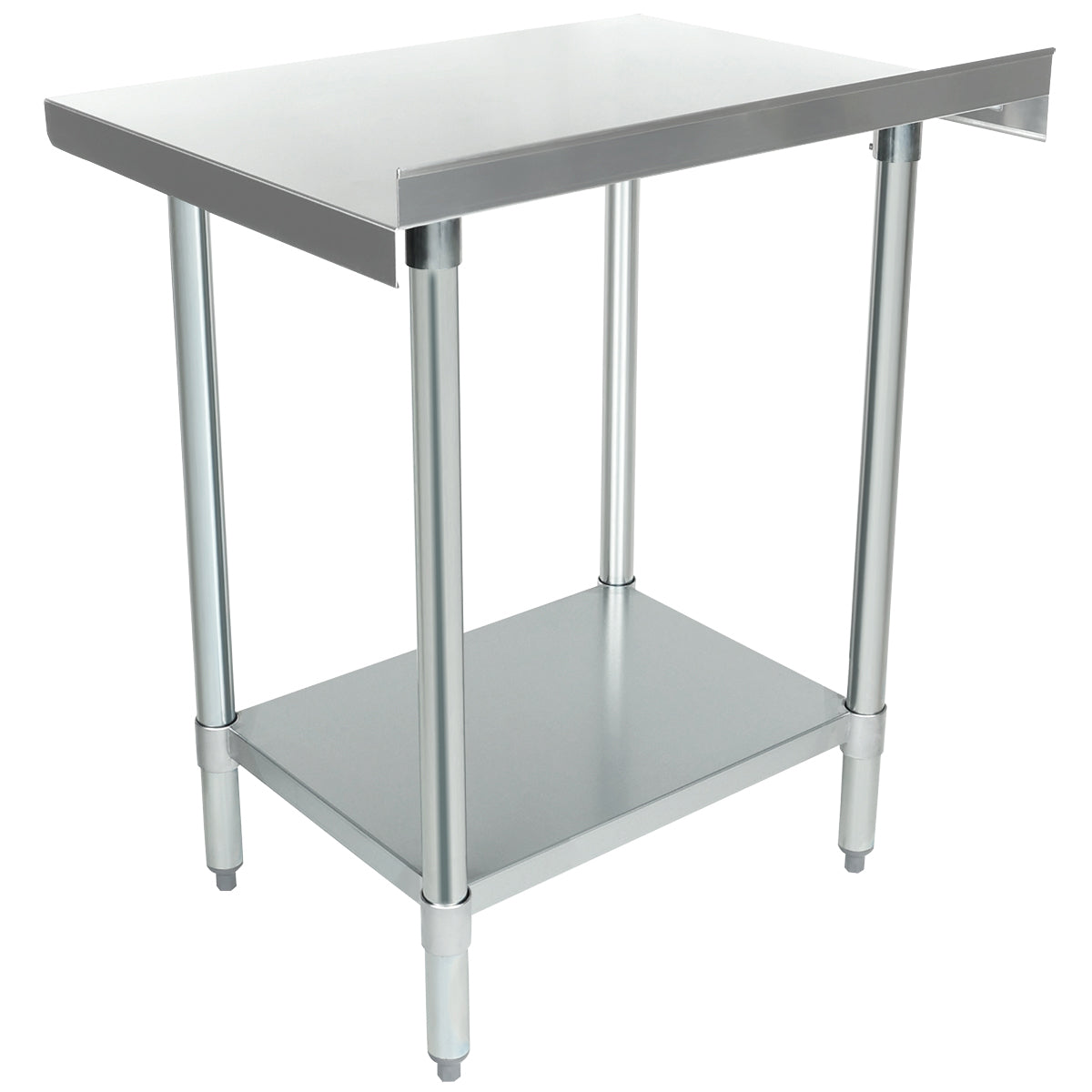 Stainless steel work table with a flat rectangular top, four cylindrical legs, and an undershelf. NSF certified, it features adjustable feet and a clean, modern design—ideal for kitchens or workspaces. The background is plain white.