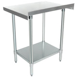 Stainless steel work table with a flat rectangular top, four cylindrical legs, and an undershelf. NSF certified, it features adjustable feet and a clean, modern design—ideal for kitchens or workspaces. The background is plain white.