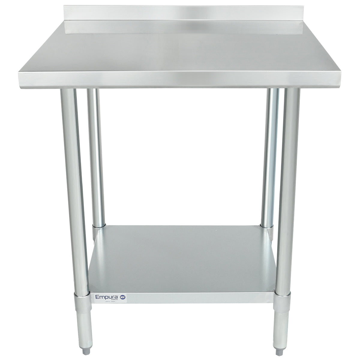 A stainless steel work table with NSF certification, a backsplash, four sturdy legs, and an undershelf. Its smooth, reflective surface suits kitchen or industrial use. The table is branded Empura on the front edge of the lower shelf.