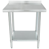 A stainless steel work table with NSF certification, a backsplash, four sturdy legs, and an undershelf. Its smooth, reflective surface suits kitchen or industrial use. The table is branded Empura on the front edge of the lower shelf.