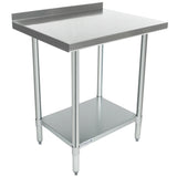 A stainless steel work table with NSF certification features a flat top surface, a raised back edge, four cylindrical legs, and a lower storage shelf. The industrial design is clean and modern, set against a plain white background.