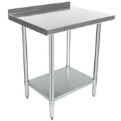 A stainless steel work table with NSF certification features a flat top surface, a raised back edge, four cylindrical legs, and a lower storage shelf. The industrial design is clean and modern, set against a plain white background.
