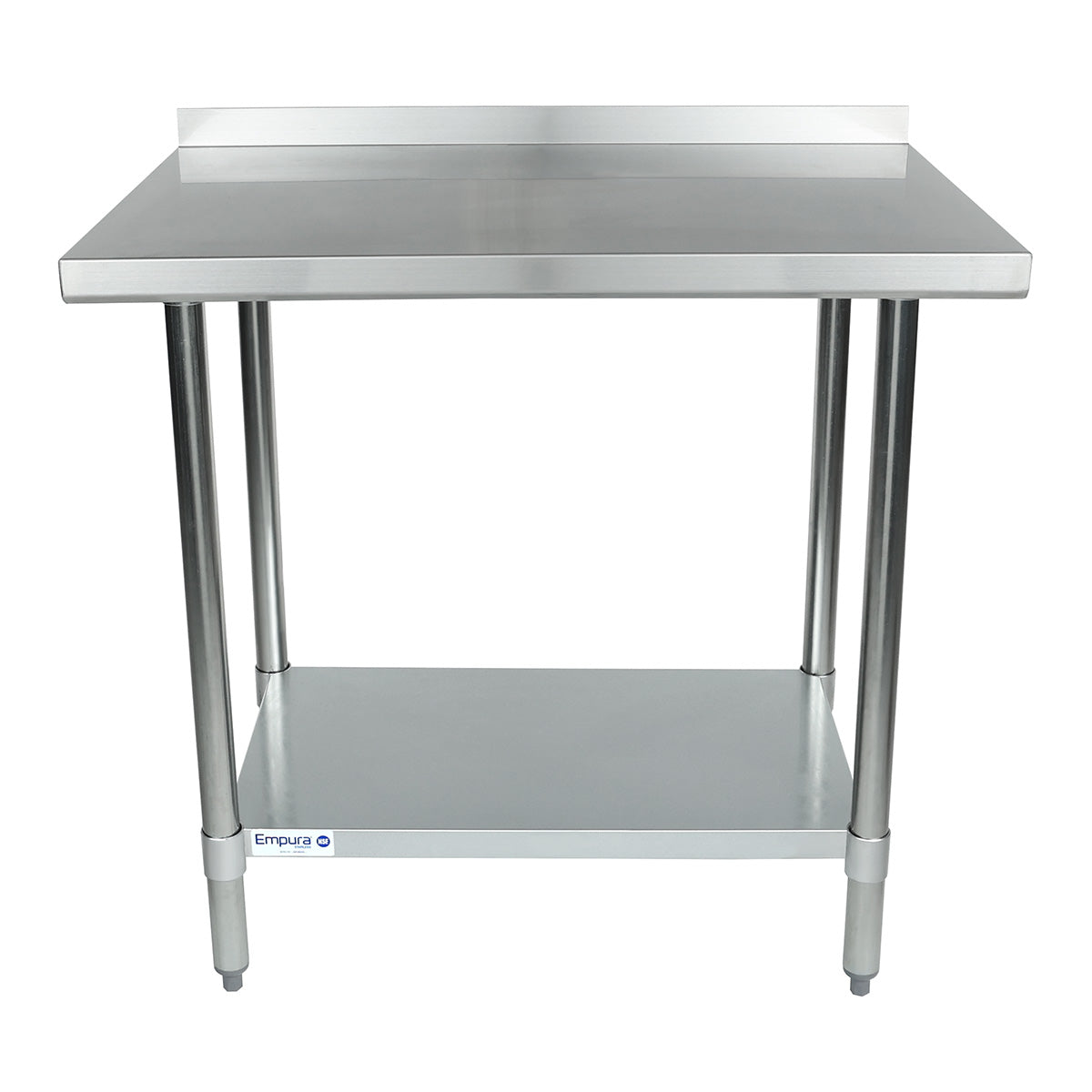 A stainless steel NSF work table with a backsplash, four cylindrical legs, and an undershelf for storage. The table has a clean, industrial design suitable for kitchens or workspaces. The Empura brand logo is visible on the lower front edge.