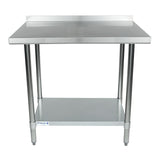 A stainless steel NSF work table with a backsplash, four cylindrical legs, and an undershelf for storage. The table has a clean, industrial design suitable for kitchens or workspaces. The Empura brand logo is visible on the lower front edge.
