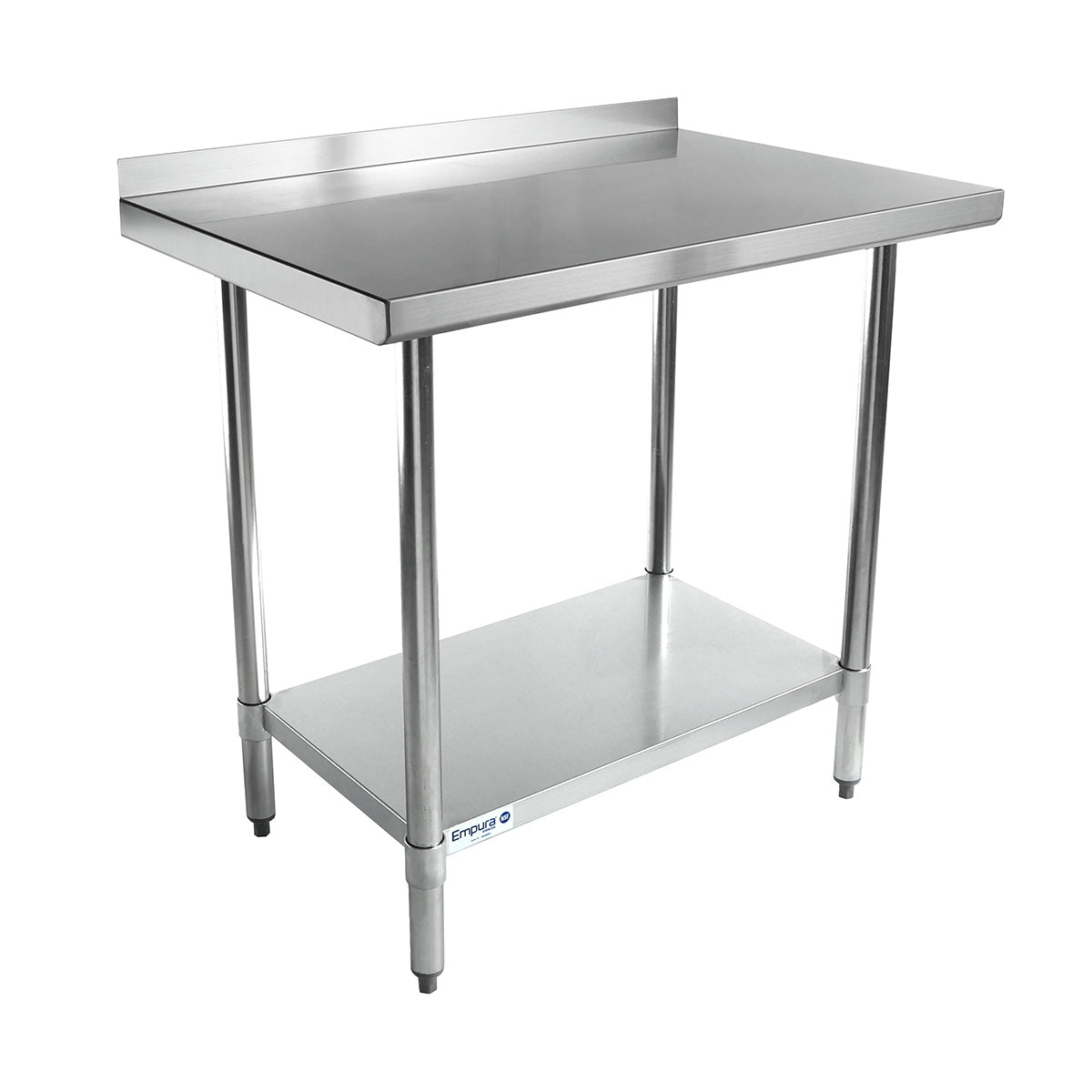 This NSF stainless steel work table features a backsplash along the back edge, four cylindrical legs, and an undershelf for storage. Its smooth, reflective surface is ideal for commercial kitchens or food preparation areas.