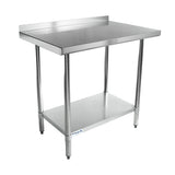 This NSF stainless steel work table features a backsplash along the back edge, four cylindrical legs, and an undershelf for storage. Its smooth, reflective surface is ideal for commercial kitchens or food preparation areas.
