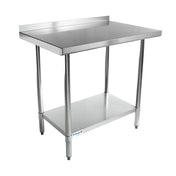 This NSF stainless steel work table features a backsplash along the back edge, four cylindrical legs, and an undershelf for storage. Its smooth, reflective surface is ideal for commercial kitchens or food preparation areas.