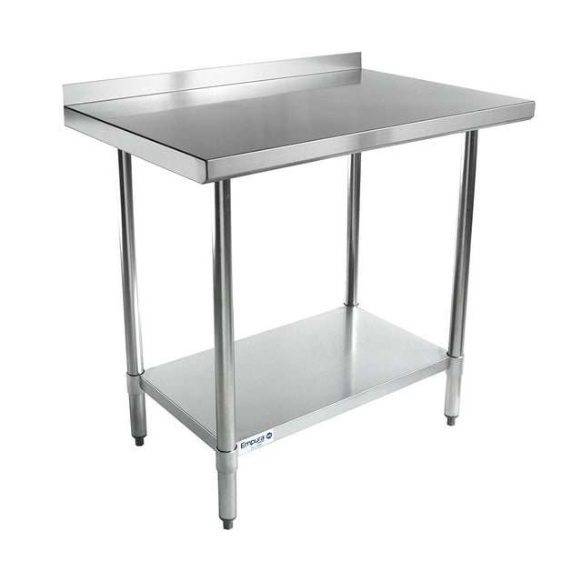 This NSF stainless steel work table features a backsplash along the back edge, four cylindrical legs, and an undershelf for storage. Its smooth, reflective surface is ideal for commercial kitchens or food preparation areas.