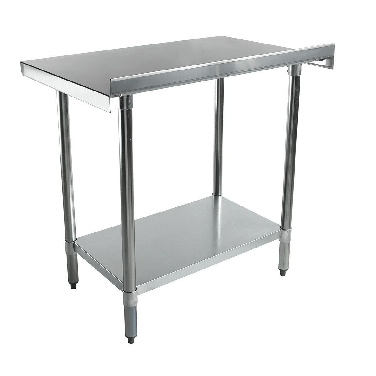 A stainless steel work table with four cylindrical legs, a flat rectangular top, and a lower shelf for storage. This NSF certified table features an industrial look, perfect for kitchens or workshops, and has adjustable black feet on each leg.