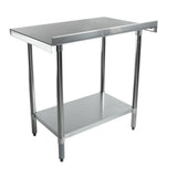 A stainless steel work table with four cylindrical legs, a flat rectangular top, and a lower shelf for storage. This NSF certified table features an industrial look, perfect for kitchens or workshops, and has adjustable black feet on each leg.