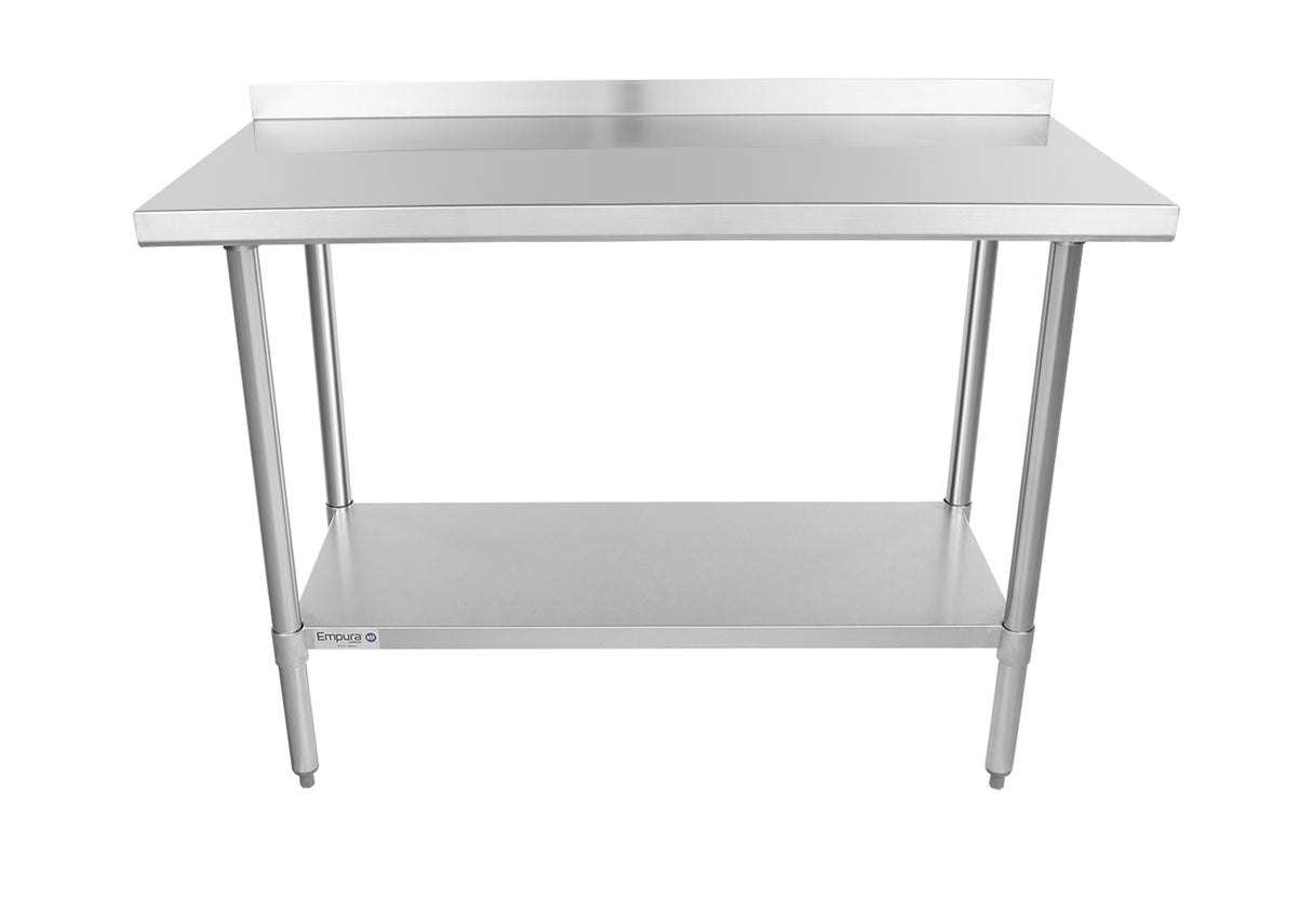 An NSF stainless steel work table with a backsplash, four cylindrical legs, and a lower shelf. The flat, reflective surface is designed for use in kitchens or commercial settings. This sturdy table is easy to clean and built for durability.