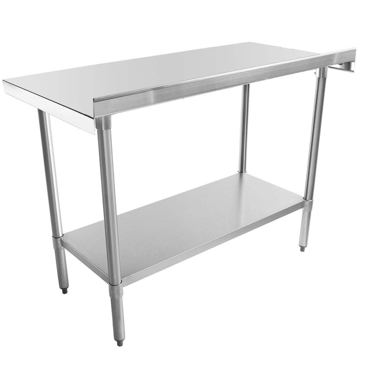 A stainless steel work table with a flat top surface, four cylindrical legs, and an undershelf for storage. NSF certified, its simple industrial design is ideal for commercial kitchens or workspaces and features small adjustable feet.