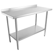 This NSF stainless steel work table features a smooth, reflective top, backsplash, open lower shelf, and four sturdy legs—ideal for use in commercial kitchens or industrial environments.