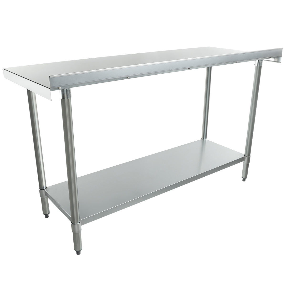 An NSF stainless steel work table featuring a smooth rectangular top, sturdy cylindrical legs, and an open lower shelf for storage. Adjustable feet make it ideal for kitchen or industrial use, combining function with a simple, professional look.