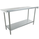 An NSF stainless steel work table featuring a smooth rectangular top, sturdy cylindrical legs, and an open lower shelf for storage. Adjustable feet make it ideal for kitchen or industrial use, combining function with a simple, professional look.