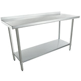 A stainless steel work table with four sturdy legs, flat top, raised backsplash, and lower storage shelf. NSF certified for food safety, its industrial design is ideal for commercial kitchens.