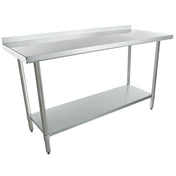 A stainless steel work table with four sturdy legs, flat top, raised backsplash, and lower storage shelf. NSF certified for food safety, its industrial design is ideal for commercial kitchens.