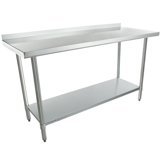 A stainless steel work table with four sturdy legs, flat top, raised backsplash, and lower storage shelf. NSF certified for food safety, its industrial design is ideal for commercial kitchens.