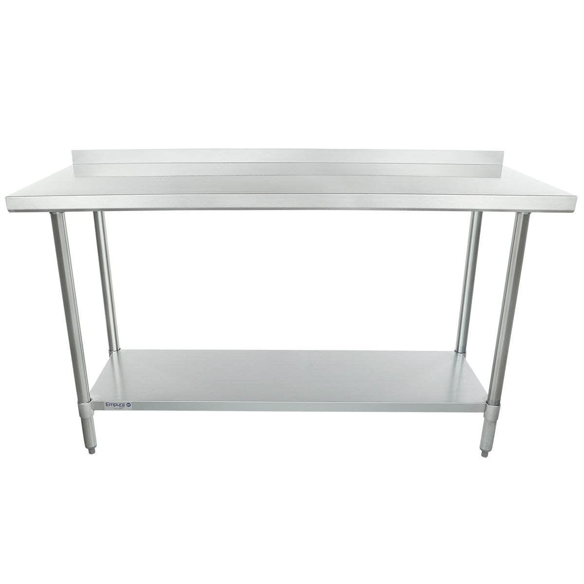 This NSF stainless steel work table features a raised back edge, sturdy four legs, and an undershelf for storage. Its smooth, flat surface makes it ideal for kitchen or industrial use.