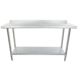 This NSF stainless steel work table features a raised back edge, sturdy four legs, and an undershelf for storage. Its smooth, flat surface makes it ideal for kitchen or industrial use.