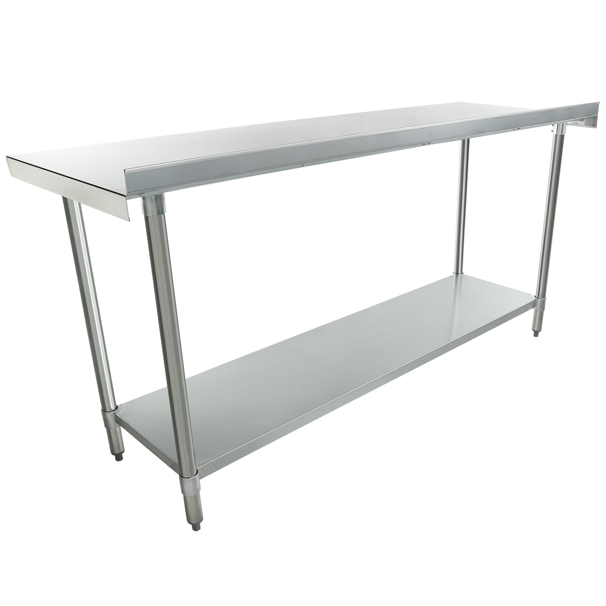 A large NSF stainless steel work table with a flat rectangular top, four cylindrical legs, and an undershelf for extra storage. Its simple, industrial design is ideal for kitchens or workspaces, with a smooth and reflective metal surface.