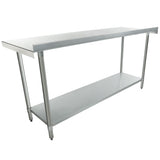A large NSF stainless steel work table with a flat rectangular top, four cylindrical legs, and an undershelf for extra storage. Its simple, industrial design is ideal for kitchens or workspaces, with a smooth and reflective metal surface.