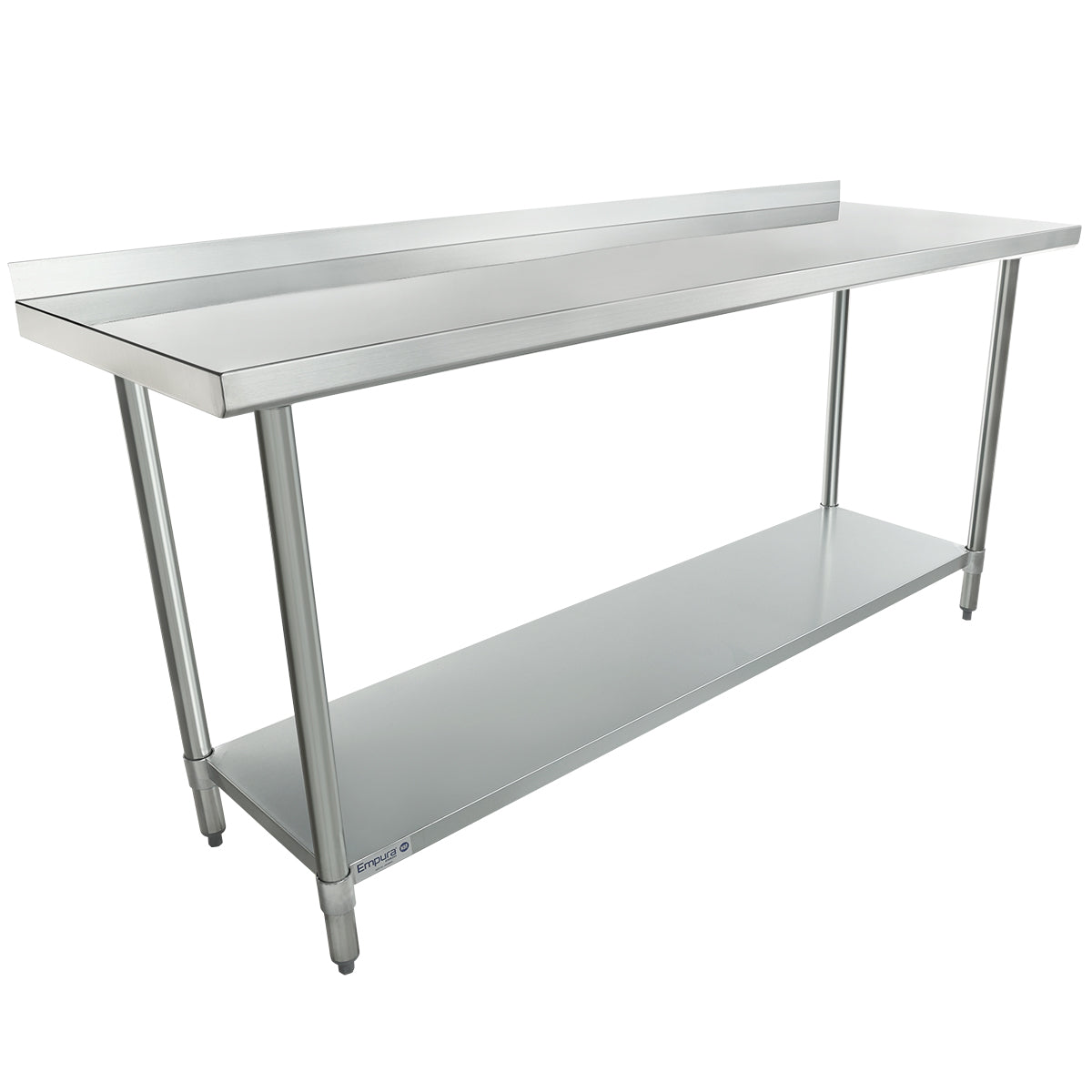 An NSF stainless steel work table with a backsplash, rectangular tabletop, four cylindrical legs, and a lower storage shelf. Its clean, metallic finish is ideal for food preparation or storage in any professional kitchen setting.