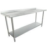 An NSF stainless steel work table with a backsplash, rectangular tabletop, four cylindrical legs, and a lower storage shelf. Its clean, metallic finish is ideal for food preparation or storage in any professional kitchen setting.