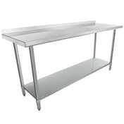 An NSF stainless steel work table with a backsplash, rectangular tabletop, four cylindrical legs, and a lower storage shelf. Its clean, metallic finish is ideal for food preparation or storage in any professional kitchen setting.