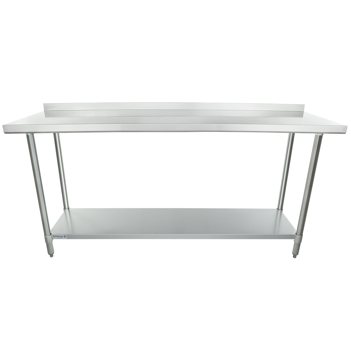 An NSF stainless steel work table featuring a smooth, rectangular top, raised rear backsplash, sturdy legs, and a lower storage shelf. Its industrial design is functional and ideal for kitchens or workspaces.